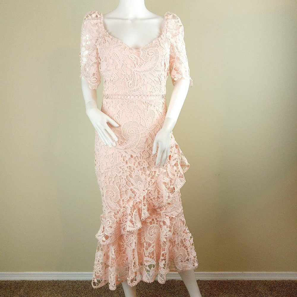Lulu's Women's Crochet Midi Dress Size Medium Pink Half Sleeve Tiered Lined